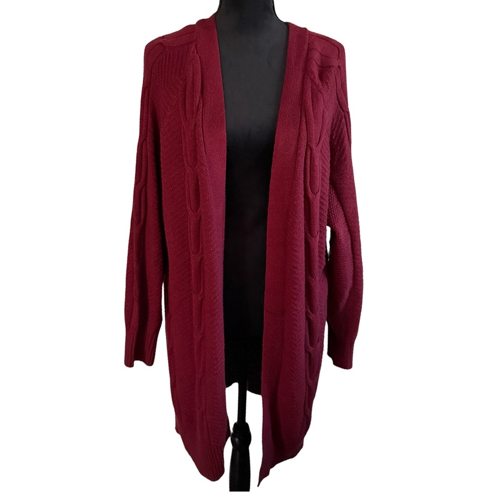 NWT Burgundy Cable Knit Open Front Cardigan – Size 1X